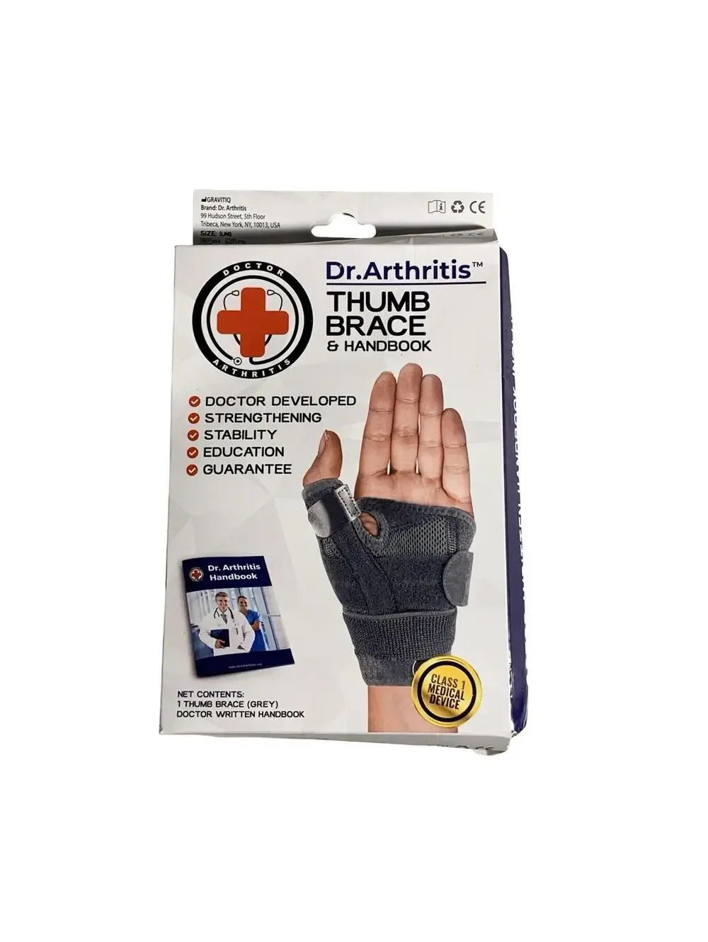 Dr. Arthritis Thumb Brace Gray Adjustable Thumb Splint Support w/ Handbook NEW